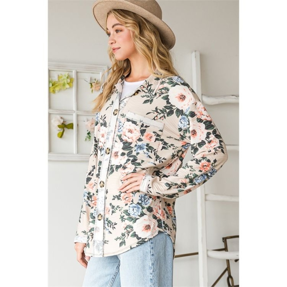 BEIGE ROSES PRINT BUTTON DOWN TOP - Picture 6 of 6